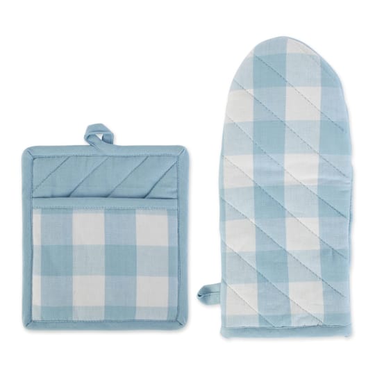 DII® Light Blue Buffalo Check Oven Mitt & Pot Holder Set